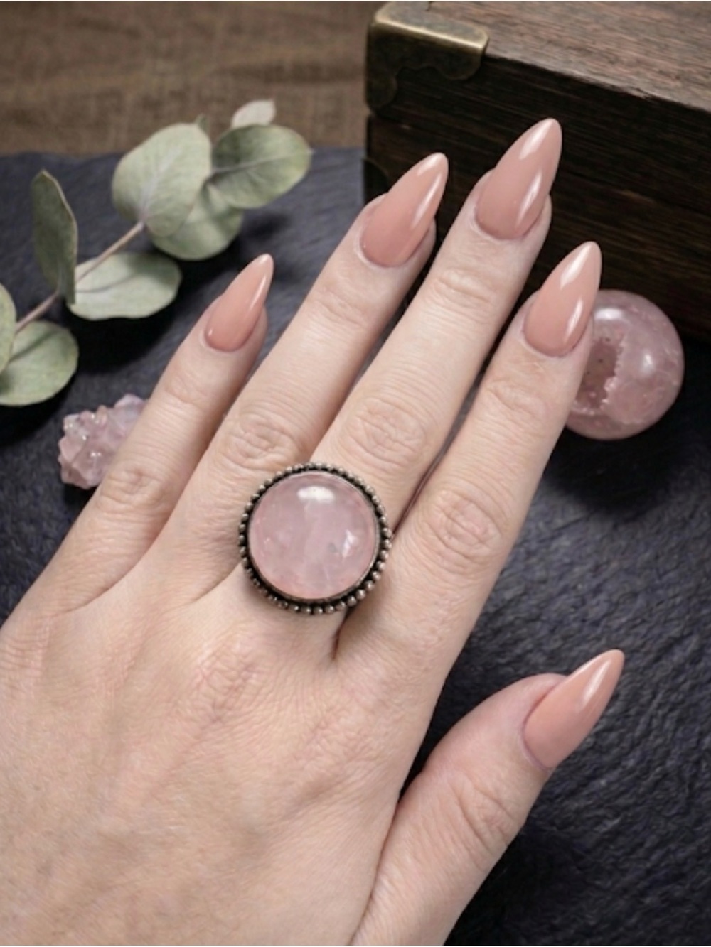 Rose Quartz Sterling Silver Overlay Ring Size 9